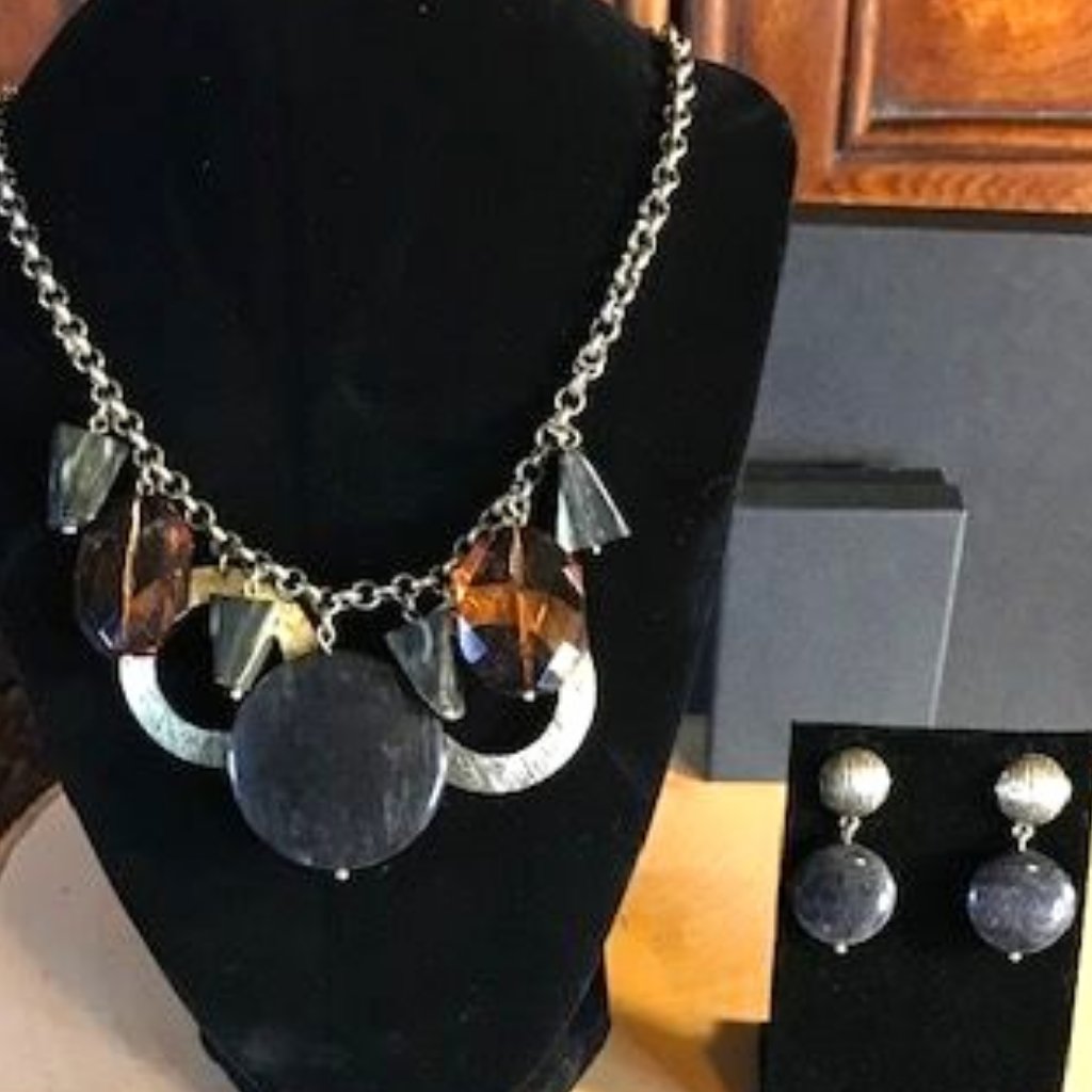 Vintage Jones New York Black Granite Copper Bead Boho Necklace Earring Set 18$